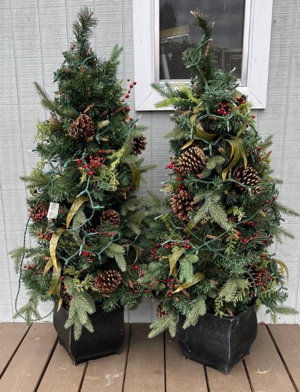 Pair of Lighted Christmas Trees with Pine Cones and Berries