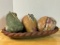 Red Ware Tray with Gourd and Two Peaches