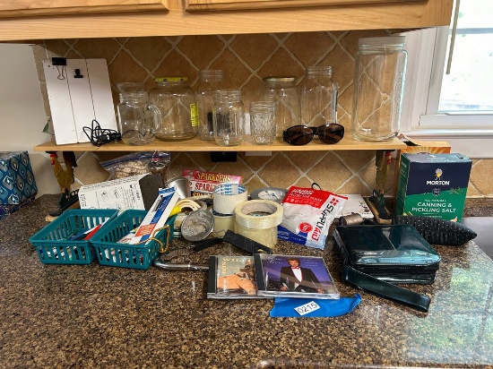 Baskets and Shelf for Organizing, Canning Jars and Contents of Junk Drawer