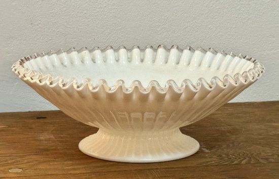 Fenton  Silver Crest Crimped Ruffled Edge White Milk Glass Ten-Inch Footed Bowl