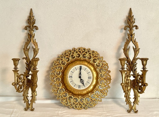 Syroco Gold Gild Clock and Pair of Burwood Sconces