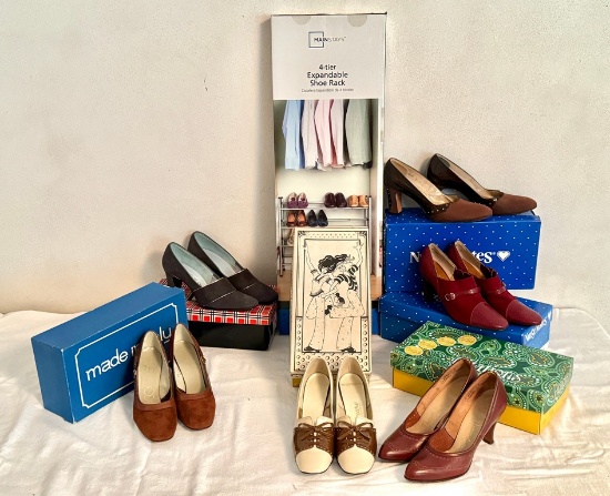 Women's Shoe Lot and Four-Tier Shoe Rack