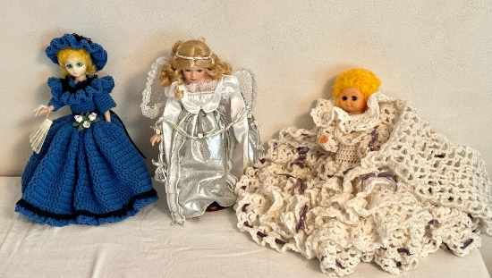 Two Dolls with Hand Crochets Costumes and Angel Porcelain Doll