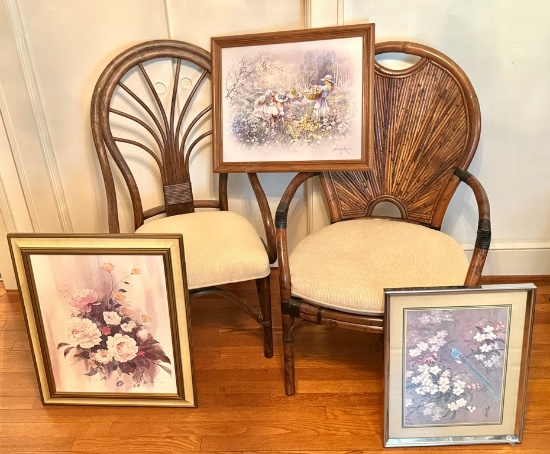 Two Rattan Upholstered Chairs AND Three Framed Prints