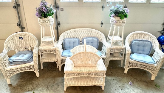 Large Nine-Piece Painted-White Wicker Porch Set