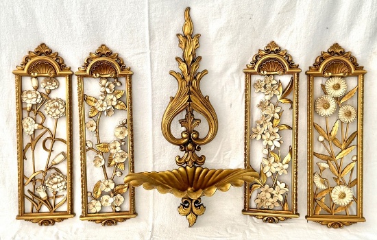 Four Syroco Floral Panels and Metal Sexton Wall Fountain