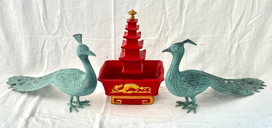 Asian Lamp and Pair of Metal Peacocks