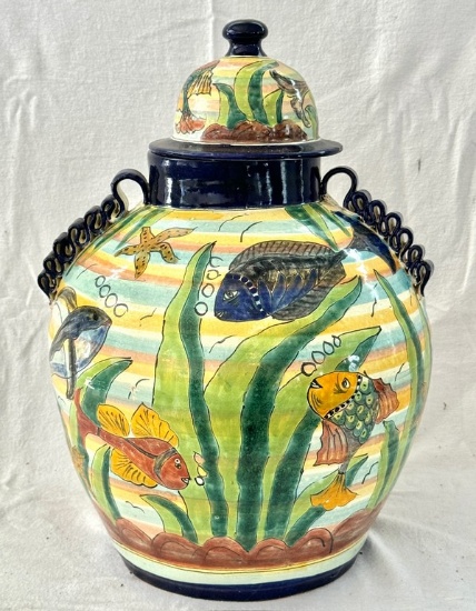 Double-Handled Hand-Painted Lidded Pot