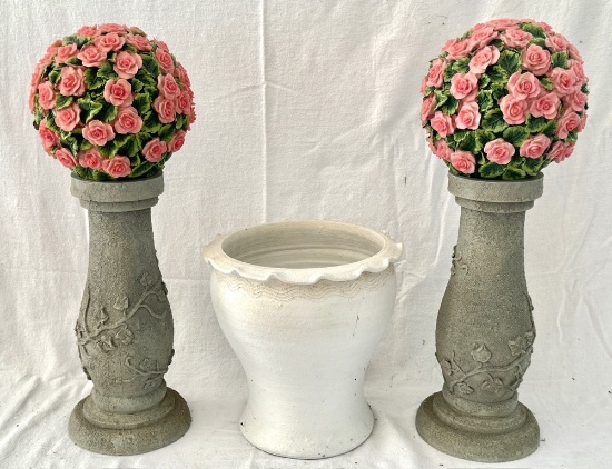 Pair of Rose Globes on Pedestals and White Planter