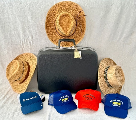 Lot of Hats and One Piece of Samsonite Luggage