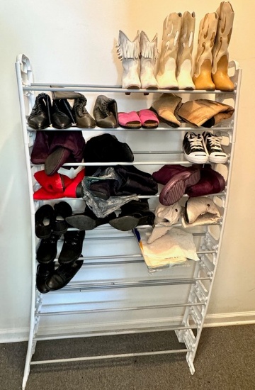 Garage Closet Shoe Rack and Ladies Shoes (sizes 5.5, 6, 6.5, 7)