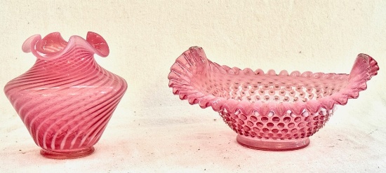 Vintage Fenton Hobnail  and Spiral Opalescent Cranberry Vase and Bowl