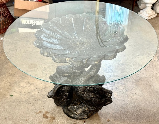 Pair of Swans Forming a Bird Bath  and a Round Glass Tabletop