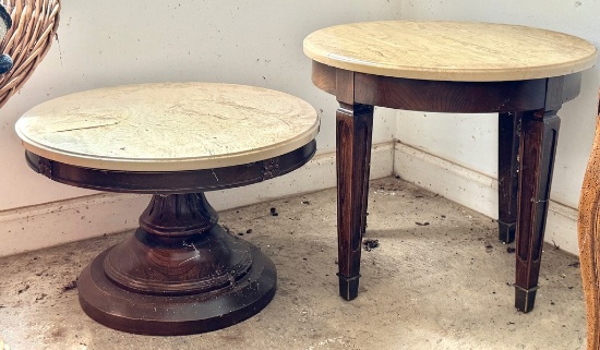 Two Wood and Marble Top Tables