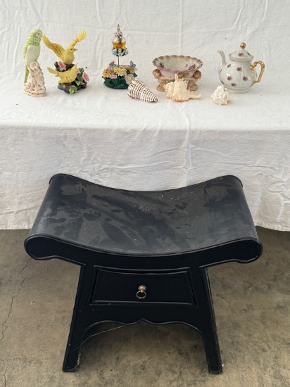 Curved Black Asian Stool and Lot of Porcelains