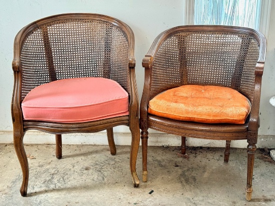 Two Curved Caned Back Chairs with Upholstered Seats