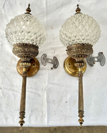 Pair of Antique Brass and Glass Wall Sconces