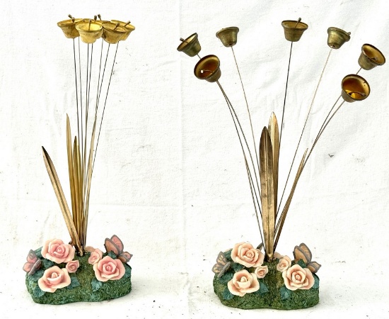 Pair of Resin and Brass Floral Arrangement