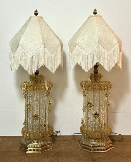MCM Pair of Hollywood Regency Ornate Gold Gilt and Crystal Lamps with Lace and Fringe Shades