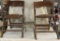 Two Vintage Folding Wooden Chairs with Padded Seats and Metal Footstool