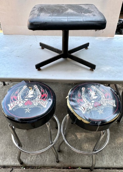 Pair of Lady Luck Lucky Thirteen Bar Stool and 1950's Leather Stool
