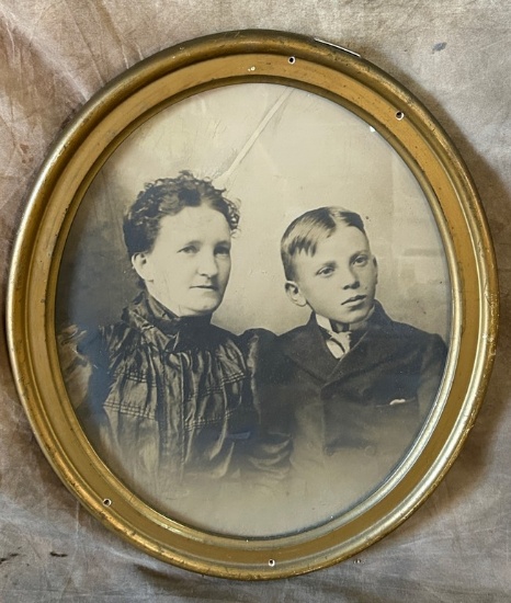 Gold Painted Oval Portrait Photograph Of Mother With Her Son