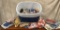 Painted Contemporary Woven Basket Full Of Country Fabric, Thread, Quilt Squares And More
