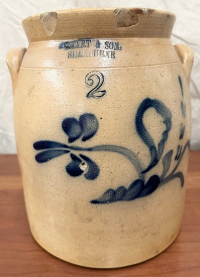 1800's C. Hart & Son Sherburne N. Y. Salt Glaze Stoneware 2 Gallon jar