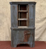 Vintage Primitive Handmade Child's Corner Cabinet In Blue Paint