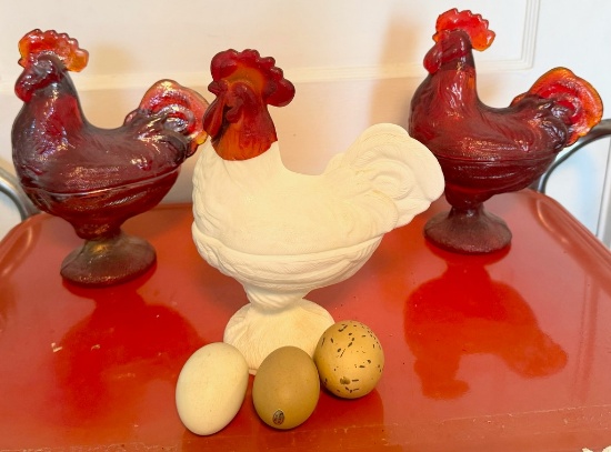 Lot of Three Standing Roosters On Nests