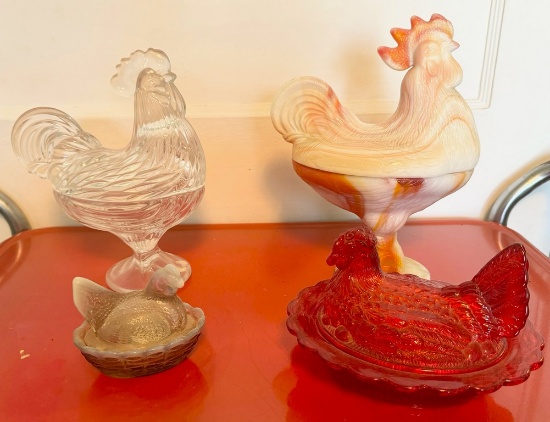 Lot of Two Standing Roosters and Two Roosters On Nests