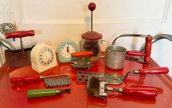 Antique Red Wood Handled Kitchen Utensils & More