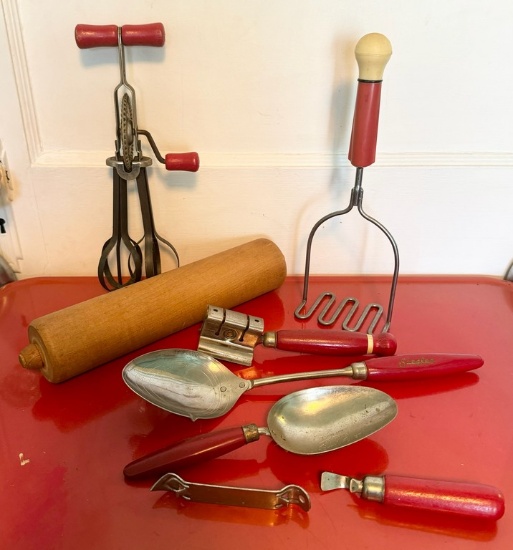 Antique Red Wood Handled Kitchen Utensils & More