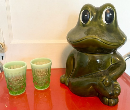 Green Ceramic Frog Cookie Jar And Pair Of Green Opalescent Tumblers