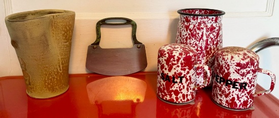 Red Enamelware, Pottery Vase and Antique Chopper