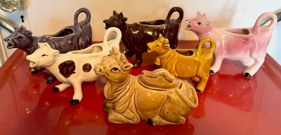 Five Vintage Ceramic Cow Creamers and Sugar Bowl