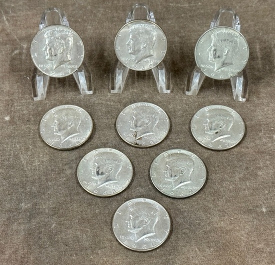 Nine Kennedy Half Dollars 40% Silver Clad