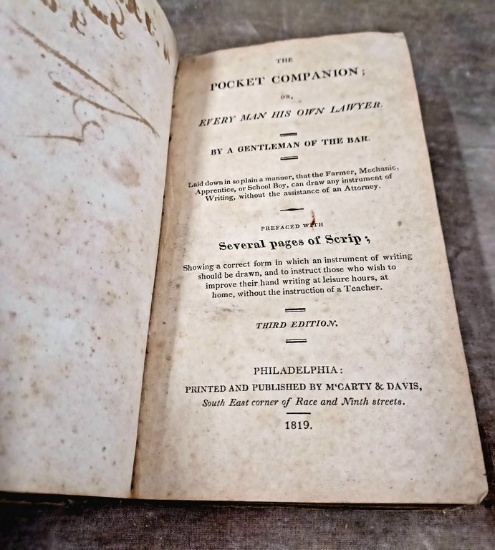 Rare Early American Law Book "The Pocket Companion, or Every Man His Own Lawyer" 1819 Third Edition