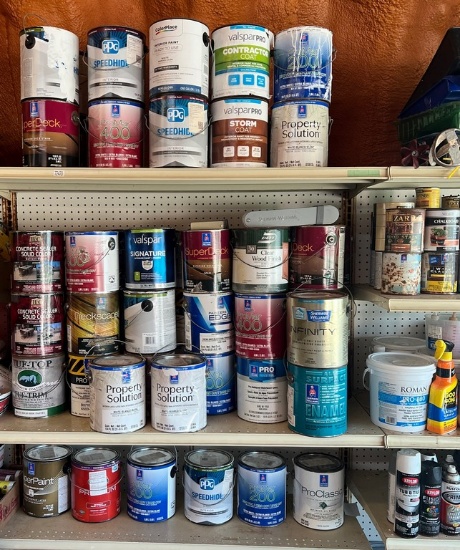 Three Shelves Containing Eighteen+ One Gallon Paint Cans