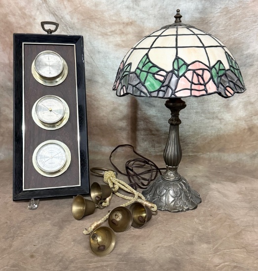 Faux Stain Glass Lamp, Strand Brass Bells And Vintage Wall Barometer