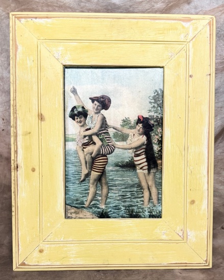 Yellow Painted Wood Frame Color Print Of 1920's Swimming Women