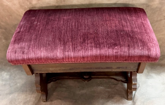 Walnut Victorian Burgundy Velvet Seated Lift Lid Bench