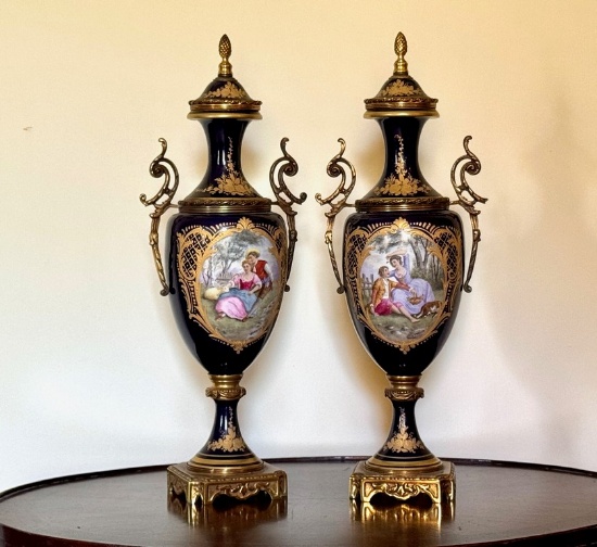 Wonderful Pair Of Sevres Porcelain & Bronze Style Urns