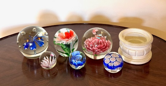 Lot of Six Vintage Murano Type Paperweights and One Holder
