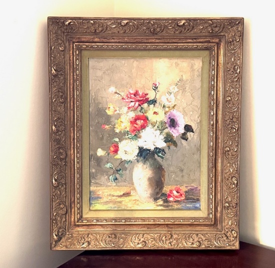 Oil On Canvas Still Life Painting Of Vase Of Flowers In Gold Frame