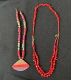 Nice Red Coral Triple Strand Necklace Plus A Red & Green Stone Necklace