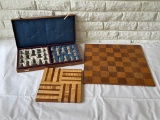 Vintage Wood Chess Board With Box Containing Stone Chess Pieces