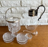 Wine Glass & Silverplate Pitcher, Ice Bucket & Pressed Glass Coasters