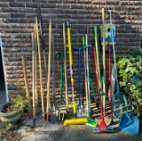 Large Lot Of Long Handled Tools, Brooms And More