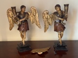 Antique Spanish Colonial Carved & Polychrome Painted Angel Candleholders